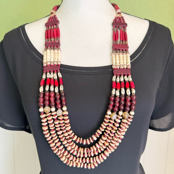 Chico’s Cherry-Colored Bib Necklace Beaded Tribal Boho Tropic Vaca Statement - Picture 1 of 14